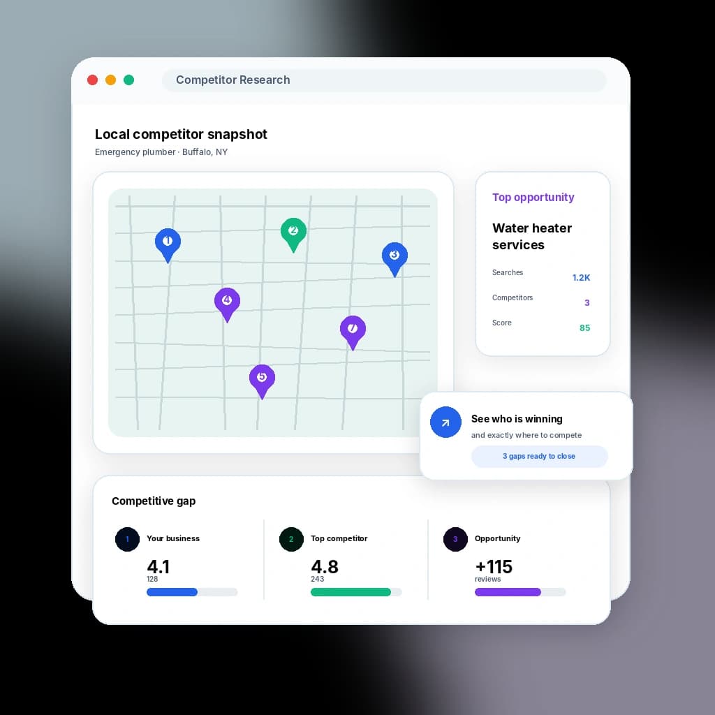 GBP Rank AI local competitor research showing nearby businesses, ranking gaps, and local opportunities
