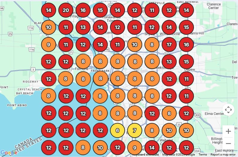 Real Google Maps ranking heatmap before GBP Rank AI optimization, with lower local positions across the grid