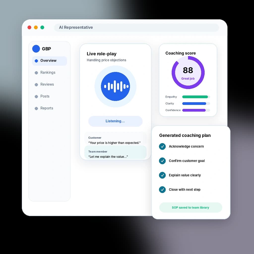 GBP Rank AI Copilot for SOPs, call scenarios, and email responses